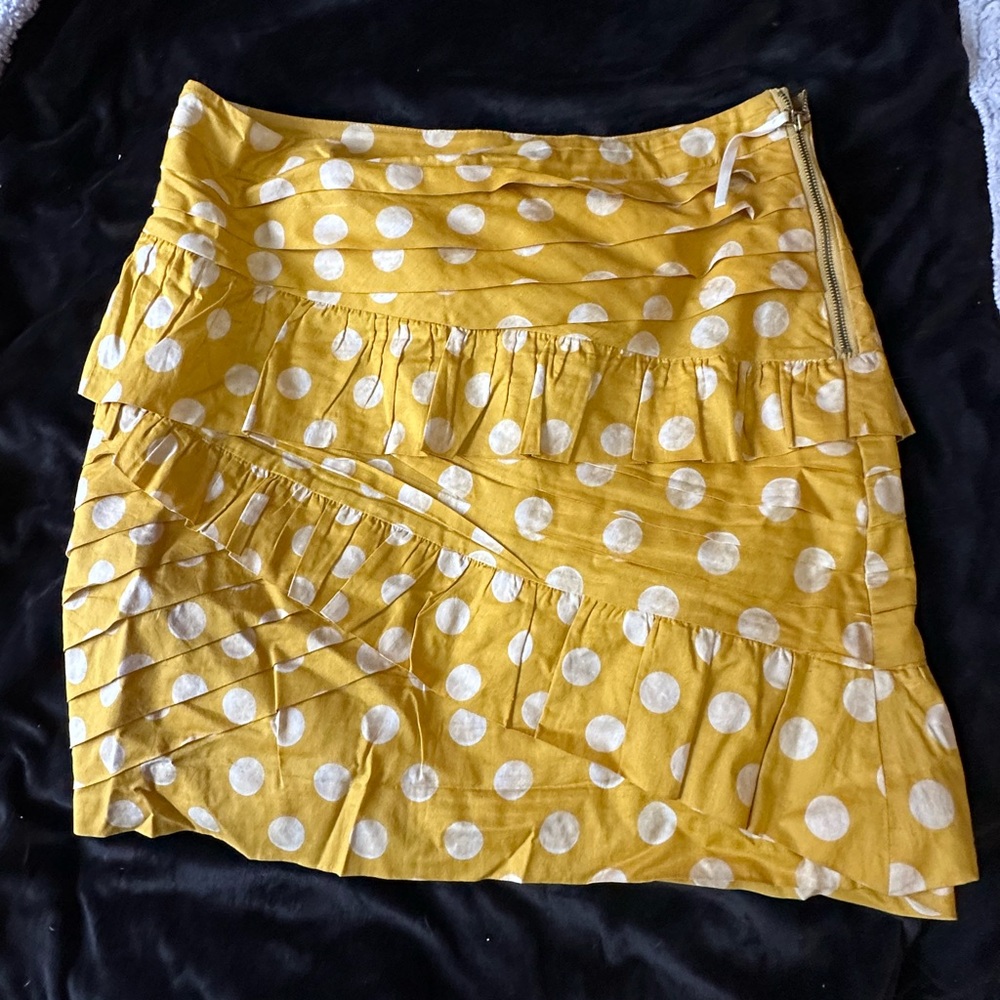 Leifsdottir Anthropologie Mustard Yellow Polka Dot Tiered Ruffle Mini Skirt